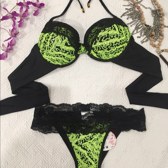Beach Bunny neon lace sequin padded top scrunch Brazilian bottoms bikini set M